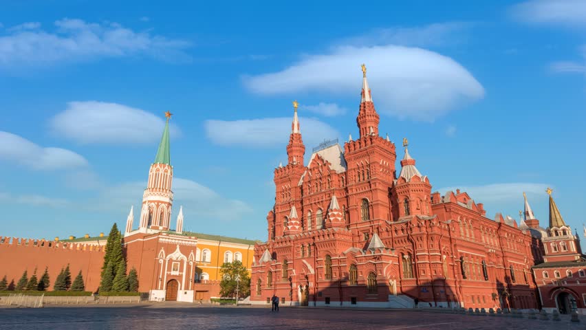 Moscow Russia time lapse city skyline at Red Square with State Historical Museum and Nikolskaya Tower