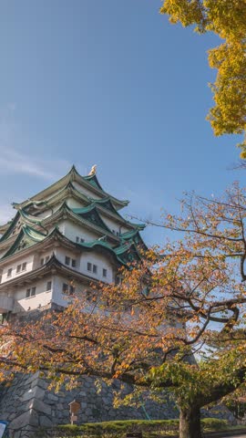 Nagoya Aichi Japan time lapse, city skyline timelapse at Nagoya Castle in autumn season (Vertical)