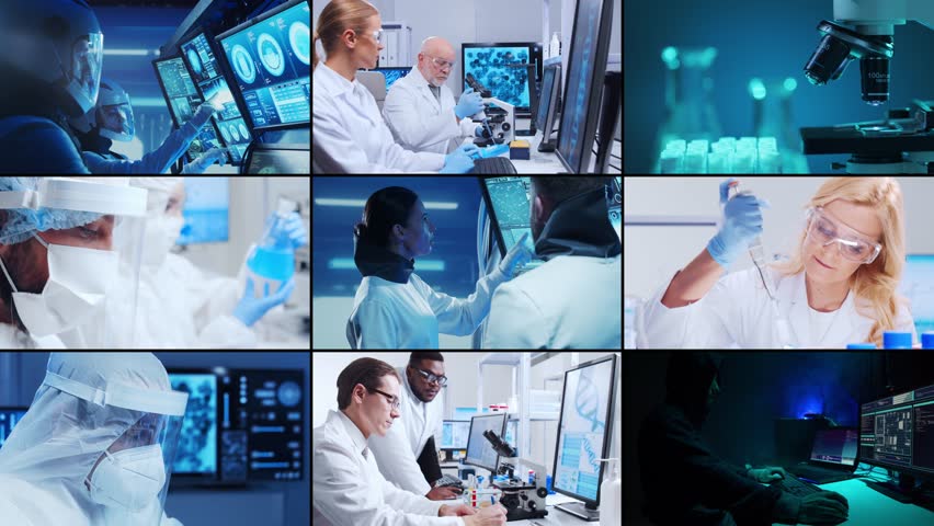 The concept of science, research and laboratory work. Diverse people work in modern science labs. Doctors, professors and lab assistants conduct medical, nanotechnological and microelectronic research - Powered by Shutterstock - Get 15% off with code: PIKWIZARD15