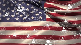 Animation of network of connections with people icons over flag of usa. Global connections, computing and data processing concept digitally generated video. - Powered by Shutterstock - Get 15% off with code: PIKWIZARD15