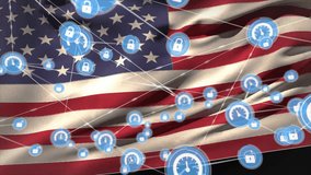 Animation of network of connections with digital icons over flag of usa. Global connections, computing and data processing concept digitally generated video. - Powered by Shutterstock - Get 15% off with code: PIKWIZARD15