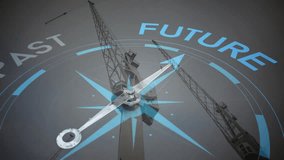 Animation of compass with future past text over shipyard. Global shipping, connections, computing and data processing concept digitally generated video. - Powered by Shutterstock - Get 15% off with code: PIKWIZARD15