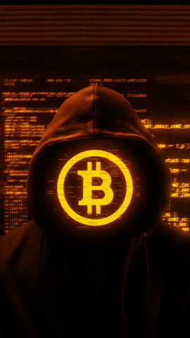 Anonymous hacker with hoodie and glitch bitcoin on face. Computer abstract digital code at the background. Dark web or darknet fraud. Cryptocurrency bitcoin mixer and p2p money concept