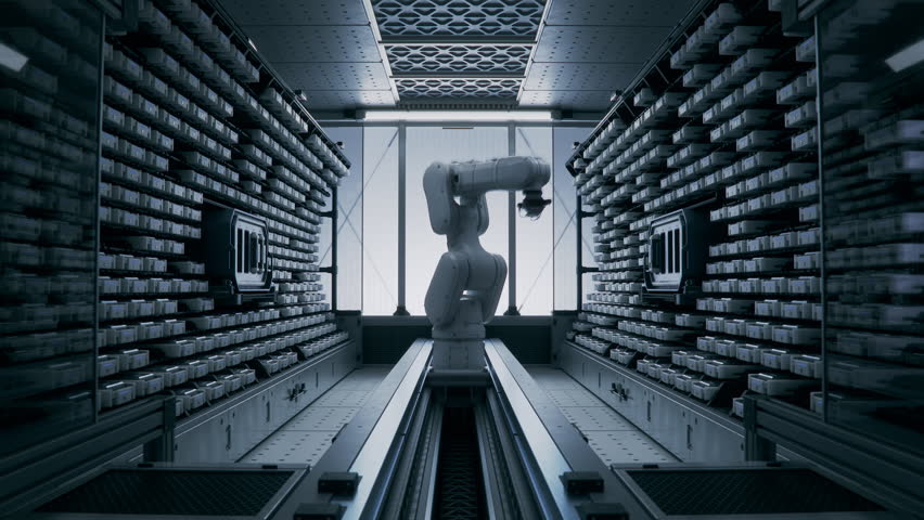 Time-Lapse of Working High Precision Robot Arm Inside Automated Enterprise Data Management and Storage Solution. Futuristic Storage and Handling Room with Robotic Arm at High-Tech Factory. Dolly Shot