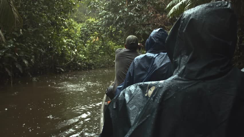 Tourist take a boat through a stunning narrow river through the jungle as it rains