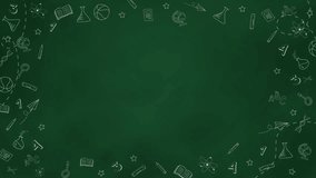 Back to school in chalk doodle style on blackboard. Animation of a school poster with hand drawn accessories and copy space. Looped. - Powered by Shutterstock - Get 15% off with code: PIKWIZARD15