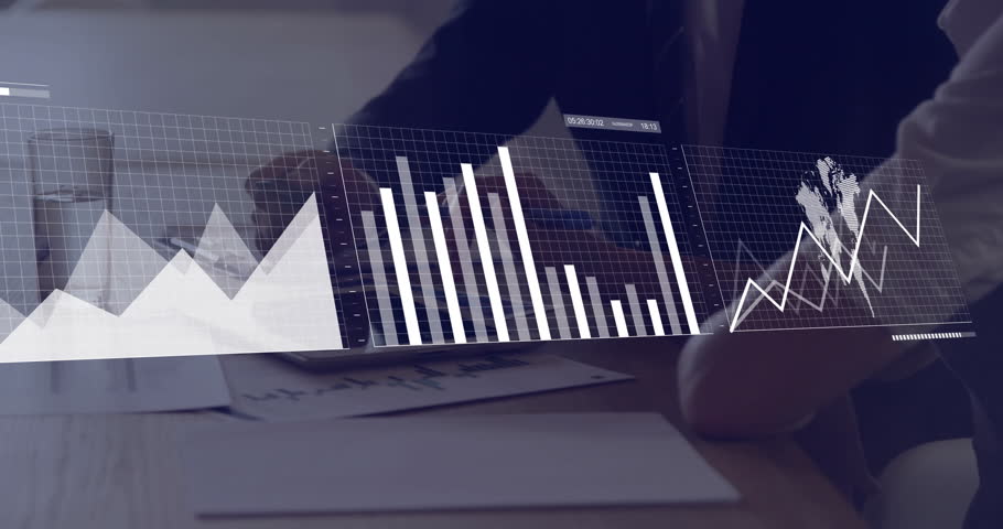 Animation of financial data processing over diverse business people in office. Global finance, business, connections, computing and data processing concept digitally generated video.