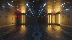 A dark futuristic corridor illuminated by glowing red, yellow, and blue lights, creating a moody and mysterious sci-fi atmosphere. - Powered by Shutterstock - Get 15% off with code: PIKWIZARD15