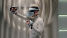 White neon futuristic woman female girl gamer player VR glasses helmet 3d playing with gaming controllers video game simulation AR goggles virtual reality cyber metaverse future innovative technology - Powered by Shutterstock - Get 15% off with code: PIKWIZARD15