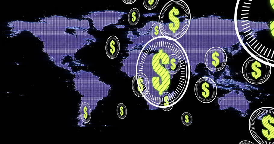 Animation of american dollar icons financial data processing over world map. Global finance, business, connections, computing and data processing concept digitally generated video.