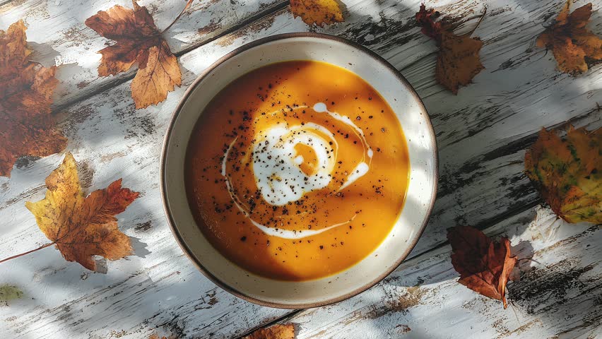 Creamy Butternut Squash Soup with Cream Swirl on Rustic Table