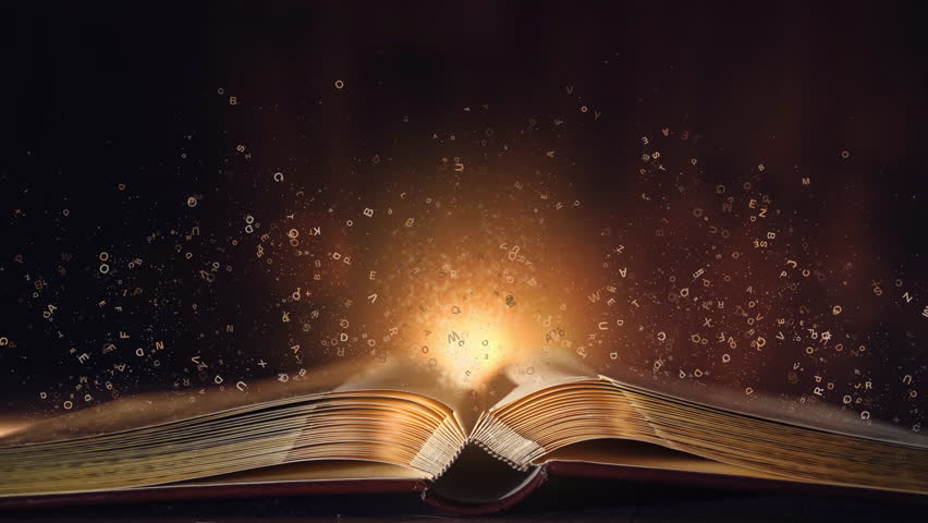 Magic book with light sparkles and shine. Fairy tale book with open pages, magic shiny stars light and sparkling fireworks with floating letters. Loop animation.