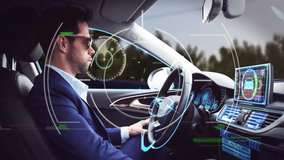 Man driving car with futuristic digital interface animation over dashboard and windshield. Technology, innovation, augmented reality, high-tech, smart, transportation - Powered by Shutterstock - Get 15% off with code: PIKWIZARD15
