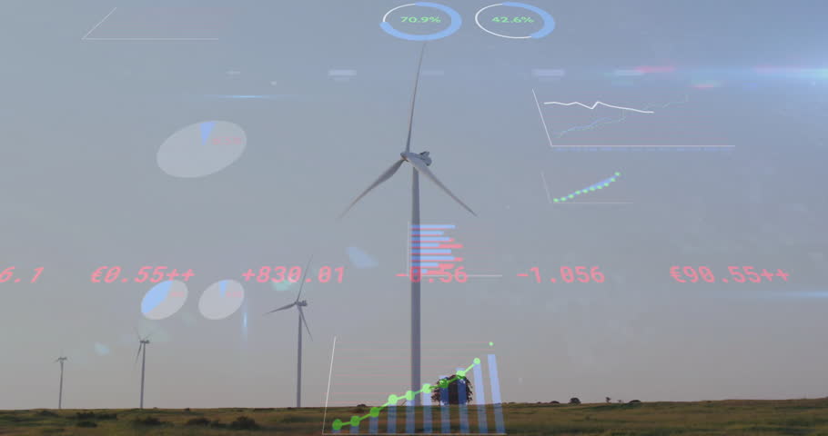 Financial data and graphs animation over wind turbines in field. Renewable, energy, sustainability, investment, technology, growth