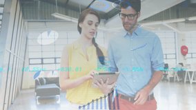 Analyzing financial data on tablet, business people with graphs animation over office background. finance, technology, teamwork, charts, analytics, digital - Powered by Shutterstock - Get 15% off with code: PIKWIZARD15