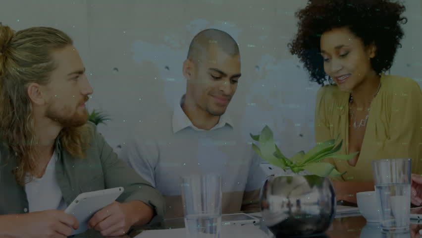 Financial data processing animation over diverse business team collaborating in office. teamwork, collaboration, finance, technology, analysis, corporate - Powered by Shutterstock - Get 15% off with code: PIKWIZARD15