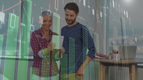 Financial data analytics animation over diverse colleagues discussing information on tablet. Finance, teamwork, technology, collaboration, business, analysis - Powered by Shutterstock - Get 15% off with code: PIKWIZARD15
