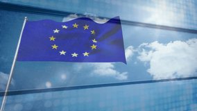 European Union flag with trash bin icons animation over blue sky and clouds. environment, waste, recycling, pollution, sustainability, clean - Powered by Shutterstock - Get 15% off with code: PIKWIZARD15