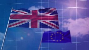 Union Jack and EU flags with binary coding and grid animation. cybersecurity, technology, data, programming, software, digital - Powered by Shutterstock - Get 15% off with code: PIKWIZARD15