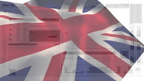 British flag waving over data processing and analytics animation. Technology, digital, information, analysis, computing, United Kingdom - Powered by Shutterstock - Get 15% off with code: PIKWIZARD15
