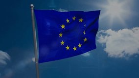 European Union flag waving over digital data processing animation. Technology, analytics, cybersecurity, network, information, computing - Powered by Shutterstock - Get 15% off with code: PIKWIZARD15