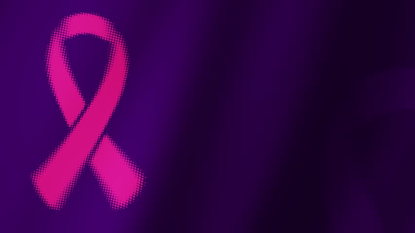 Breast cancer ribbon on purple background flag waving motion video. October Breast Cancer Awareness Month banner