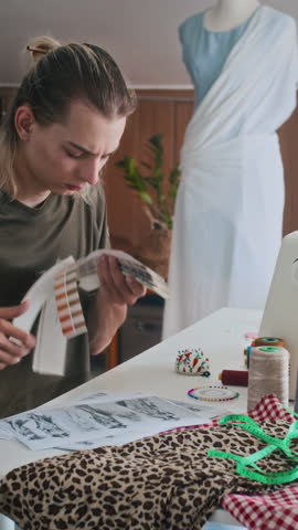 Vertical shot of gen Z designer checking color palette before sewing clothes in workshop