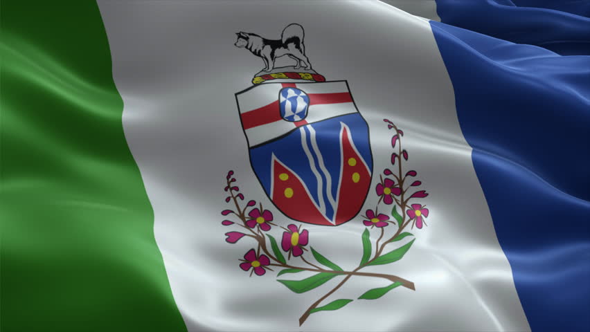 Yukon flag video waving in wind. Territorial of Canada. Realistic flag background. Close up view, perfect loop, 4K footage