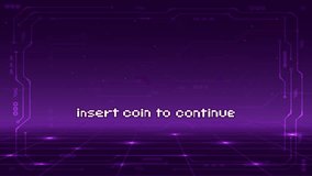 GAME OVER INSERT A COIN TO CONTINUE .Synthwave wireframe net. pixel art .8 bit game. retro game. for game assets .Retro Futurism Sci-Fi Background. glowing neon grid. and stars. - Powered by Shutterstock - Get 15% off with code: PIKWIZARD15