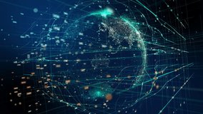 Blue Hologram Earth Rotating,Global communication concept, The earth rotating with node and line connection, Binary code, Futuristic and technology conncepts - Powered by Shutterstock - Get 15% off with code: PIKWIZARD15