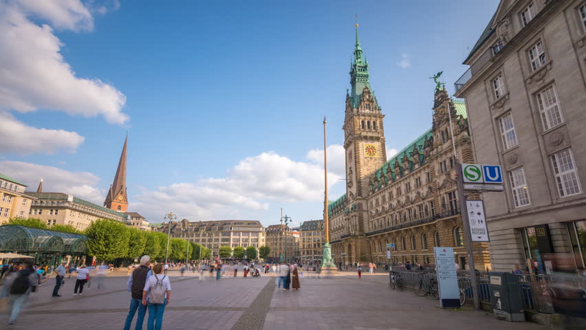 Hamburg Town hall and main sqaure in city centre time lapse hyperlapse footage in 4K. Hamburg Germany city hall Rathausmarkt main square old town.