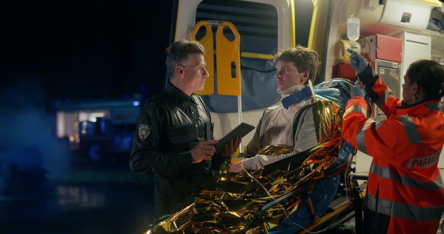 Police Patrolman Asking an Injured Young Man a Series of Questions About the Traffic Accident. Middle Aged Caucasian Policeman Using a Tablet Computer. Patient Lying on a Stretcher in an Ambulance