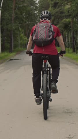 Vertical rear view shot of cyclist with backpack riding bike on road through forest