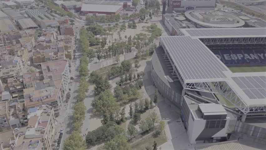 Stadium of the RCD Espanyol de Barcelona football team. Second team of the city of Barcelona that plays in the Spanish first division of football. Horizontal aerial shot from north to south