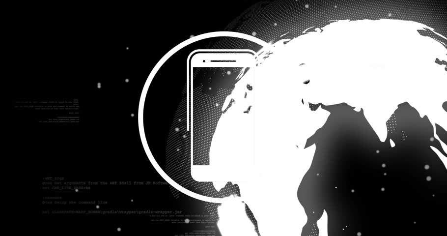 Smartphone icon animation over digital globe and data processing background. Technology, innovation, connectivity, networking, global, interface
