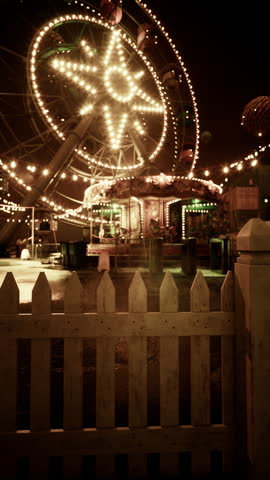 A merry go round spins with colorful lights in an old, deserted amusement park at night, creating a nostalgic yet eerie scene.