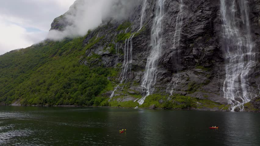 Seven Sisters Waterfall, Geiranger Fjord, Norway. Scenic Cascade in Scandinavia seen from ferry.