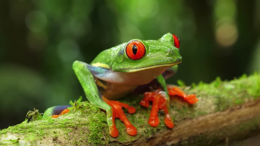 vibrant beauty of a green frog with striking orange eyes, gripping onto a branch in its natural habitat, showcasing its dexterity and adaptation to arboreal life.
