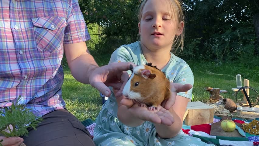 A young father and daughter enjoy quality time together, caring for pet rodents on the backyard. The bond parent and child as they lovingly tend to their small animals in a peaceful outdoor setting