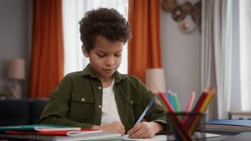 African American little child boy son kid pupil schoolboy sitting table home homework writing task write education study learning distant studying learn knowledge family smiling at camera happy smile - Powered by Shutterstock - Get 15% off with code: PIKWIZARD15