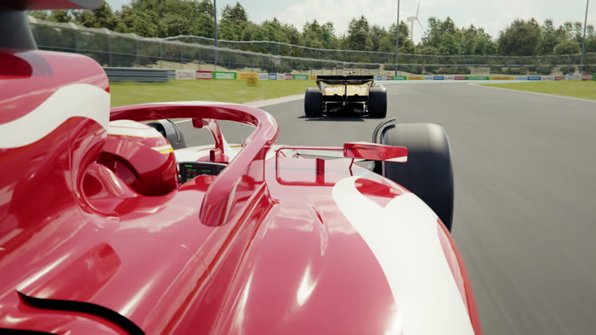 POV shot of a generic race car overtaking his opponent and taking the lead. Race car point of view. 3d animation rendering