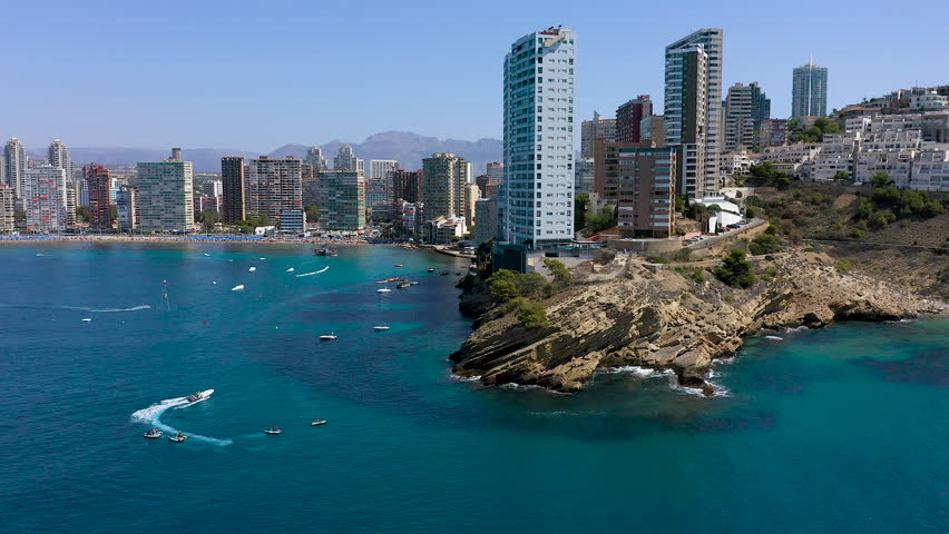 Aerial view from de Mediterranean Sea of the famous Rincon de Loix of Benidorm city and the Levante Beach with the skyscrapers.