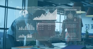 Business data analytics animation over diverse team collaborating in modern office. Teamwork, collaboration, diversity, animated, technology - Powered by Shutterstock - Get 15% off with code: PIKWIZARD15