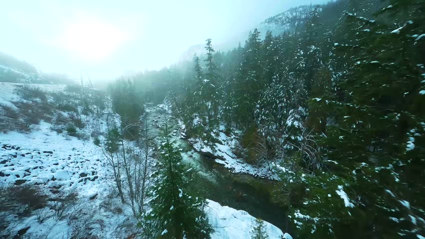 FPV drone flight over the fast moving river with rapids.