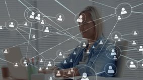 Network of connections and data processing animation over woman working on laptop. Technology, networking, digital, cyber, computing - Powered by Shutterstock - Get 15% off with code: PIKWIZARD15