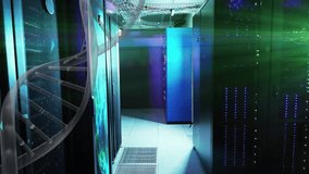 Animating DNA strand over servers in data center. Technology, biotech, innovation, visualization, digital, genetic - Powered by Shutterstock - Get 15% off with code: PIKWIZARD15