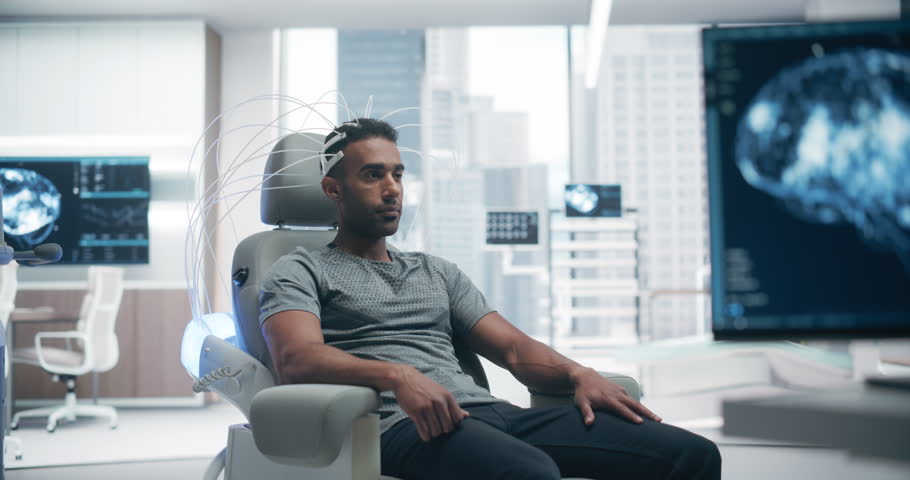 Futuristic Laboratory: Male Patient Wearing Headset for a High-tech Brain Scan Using Advanced Neural Technology, Focusing on Cognitive Enhancement and Neural Disease Research. Virtual Reality concept