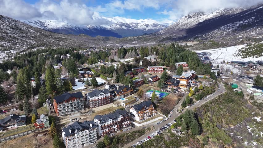 Cerro Catedral At Bariloche Rio Negro Argentina. Aerial View Of A Ski Resort Nestled In The Snowy Mountains. Nature Travel Snow Covered Forest Trees. Snow Covered Patagonia Aerial View Floresta.
