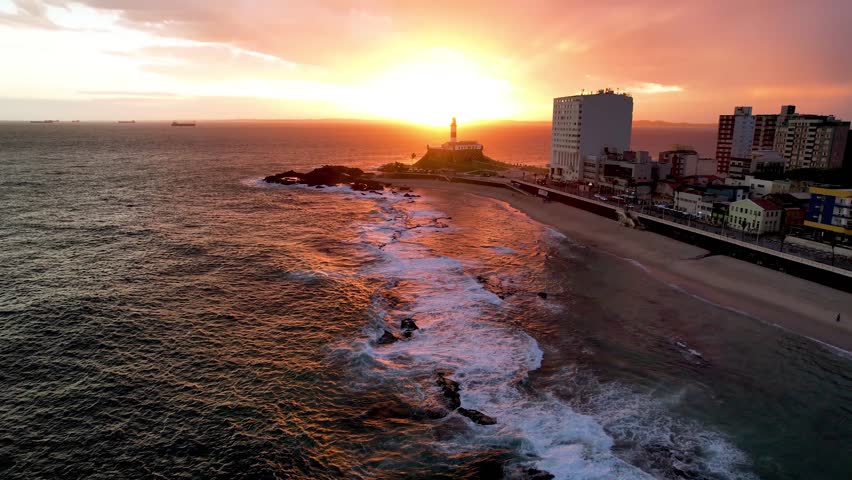 Sunset Lighthouse At Salvador Bahia Brazil. Amazing Skysrapers And Traffic On Street Viewed From Above. Sunset Clouds Sky Downtown Cityscape. Sunset Outside Panoramic City. Salvador Bahia.