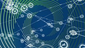 Network connections and data nodes animation over blue background with green circles. Technology, digital, communication - Powered by Shutterstock - Get 15% off with code: PIKWIZARD15